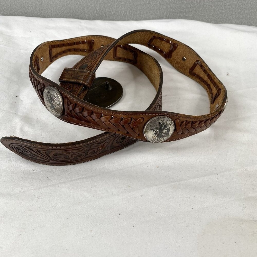 Indiana Metal Leather Belt Brown Silver Domed Walking Liberty Coins Concho - Picture 2 of 16